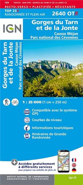 Carte TOP 25 PLASTIFIEE, Causse Méjean/Gorges de Tarn, IGN