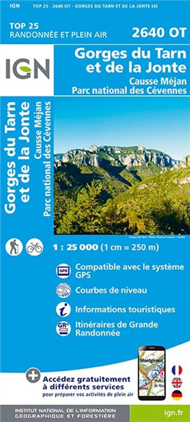 Carte TOP 25, Causse Méjean/Gorges de Tarn, IGN