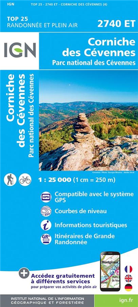 Carte TOP 25, corniche des Cévennes, IGN