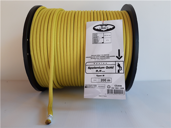 Corde semi-statique 9.5 mm, 55g par mètre, Spélénium Gold, BEAL